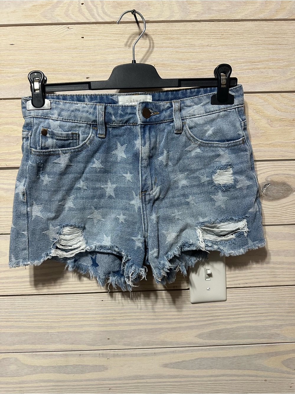 Star-Print Distressed Light Blue Denim Shorts